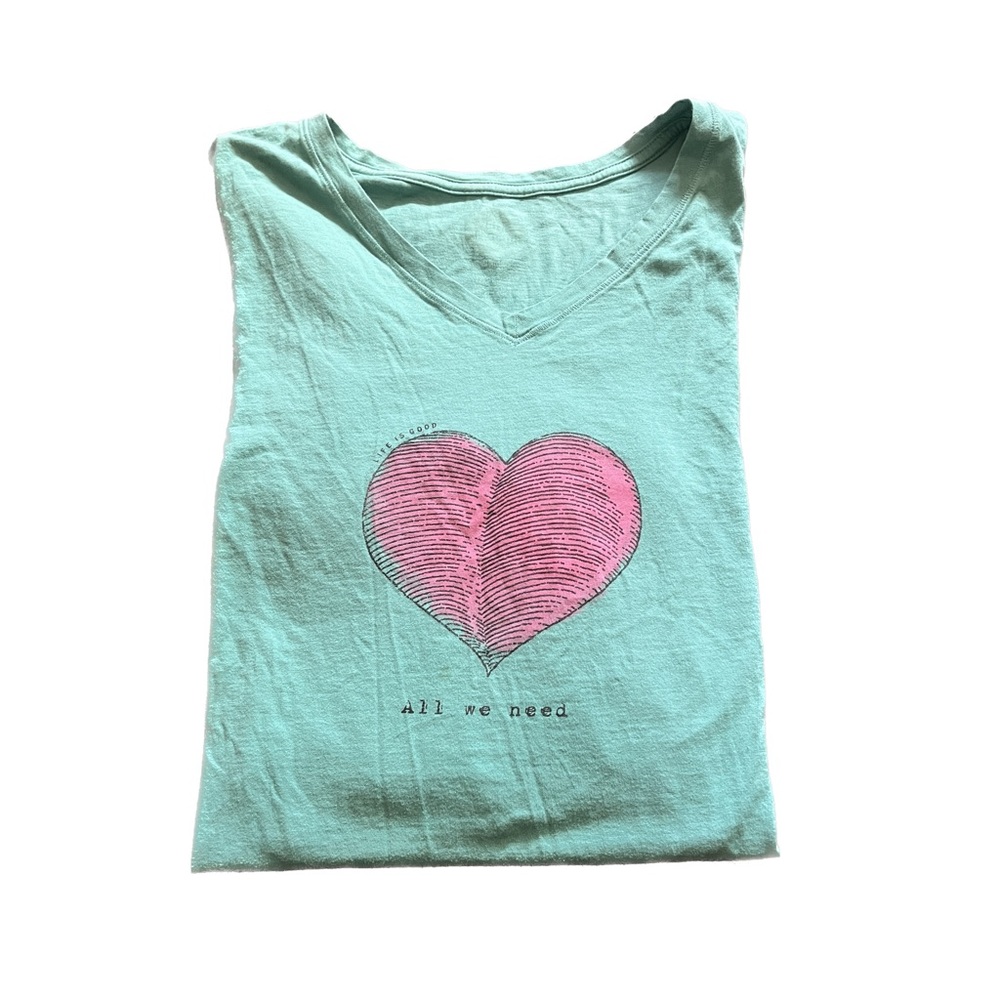 Life Is Good Turquoise Heart Graphic Long Sleeve V Neck T Shirt Women’s XL